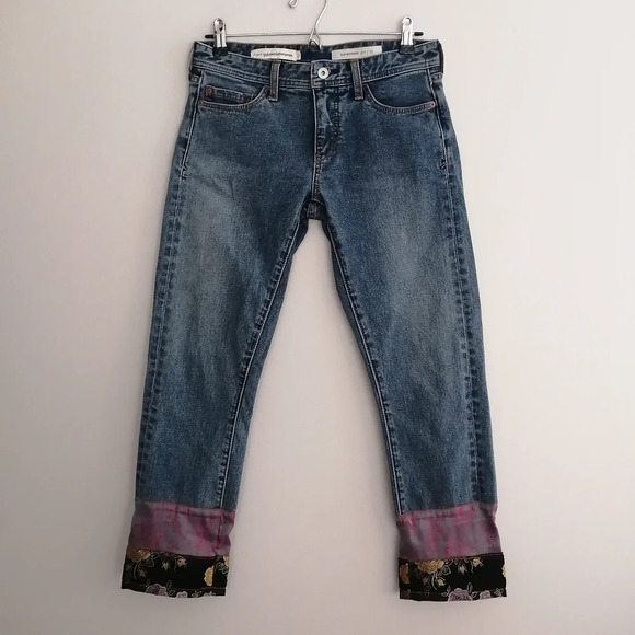 Anthropologie Pilcro Slim Boyfriend Jeans with Patchwork Satin Hems Boho 25 - Picture 3 of 16